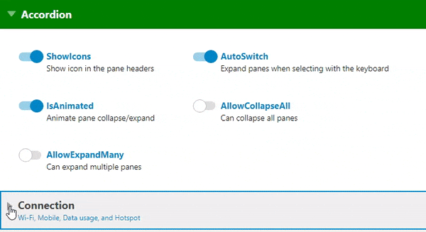 Accordion cotrol showing animated panes