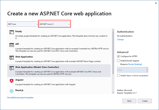 Visual Studio Core version Selection window