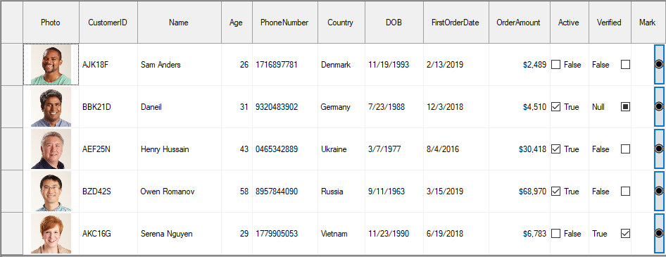 さまざまなセルエディタが表示されたグリッド