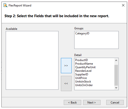 Selecting Fields in FlexReport Wizard