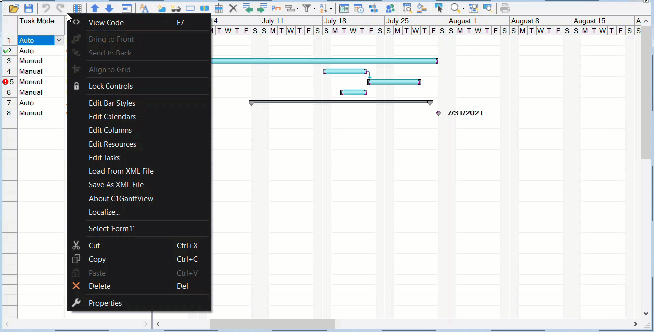 Displays the process of adding a calendar exception to your calendar in the C1GanttView control.