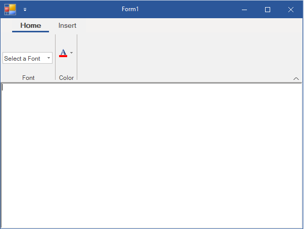 A snapshot of windowforms application with ribbon control, depicting tabs, groups, colorpicker and combobox.