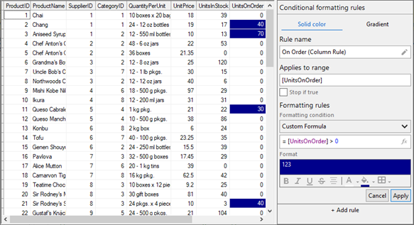 Conditional formatting rule applied to a grid column at runtime.