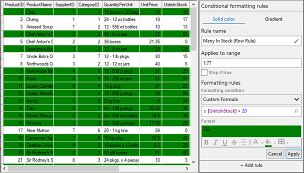 Conditional formatting rule applied to a grid row at runtime.