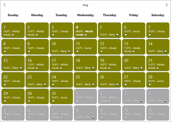 Item template used in WinUI Calendar