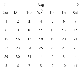 Calendar control showing different views