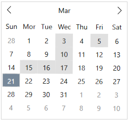 Calendar control with multiple selected dates