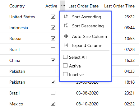 Column header menu of CheckBox column