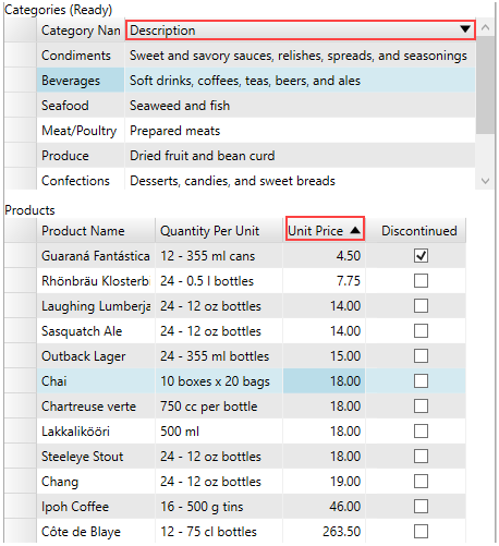 A snapshot of flexgrid application with data, showing two highlighted columns in ascending and descending orders.