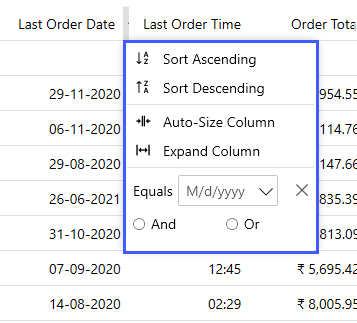 Column header menu of Datetime column