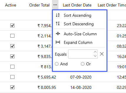 Column header menu of Numeric column