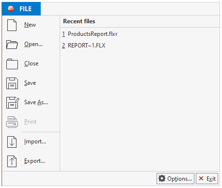 File menu in report designer