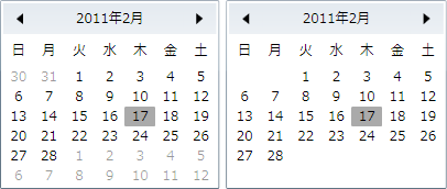 左：隣接日を表示　　右：隣接日を非表示