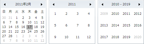左から順に Month、Year、Decade のカレンダータイプで表示