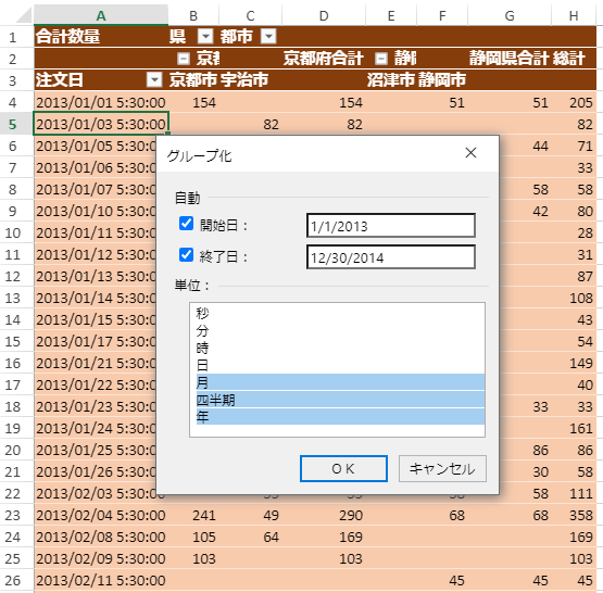 データ型（日付）のコンテキストメニュー