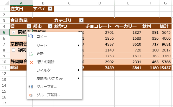 ヘッダ領域のコンテキストメニュー