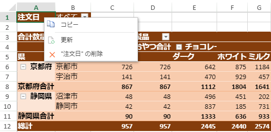 ページ領域のコンテキストメニュー