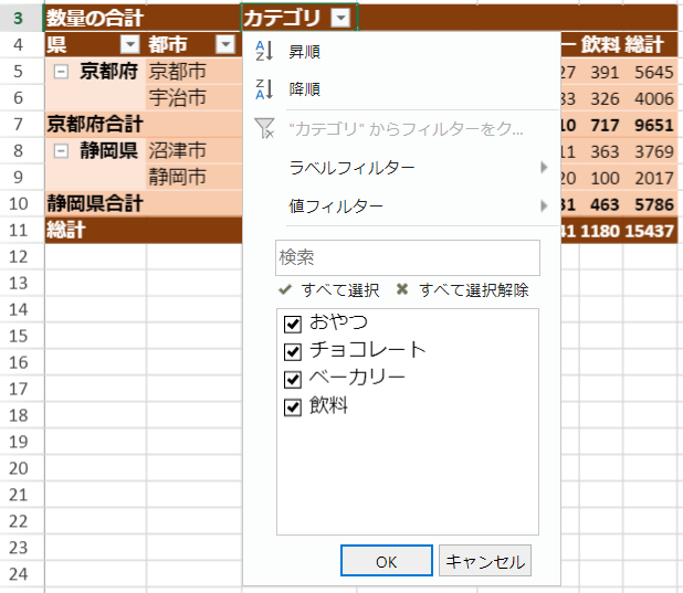 Filter the row and column fields