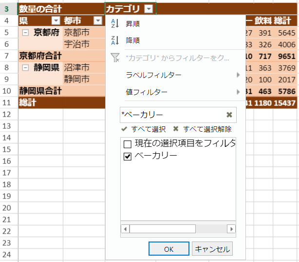 Filter the row and column fields